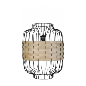 Suspensão TOSEL TRESSÉ RANGOON B metálico e madeira cilindro madeira bege D25 x H80 cm