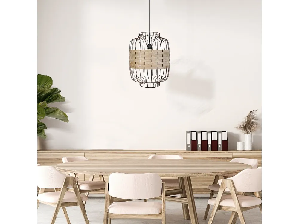 Suspensão TOSEL TRESSÉ RANGOON B metálico e madeira cilindro madeira D25 x H80 cm