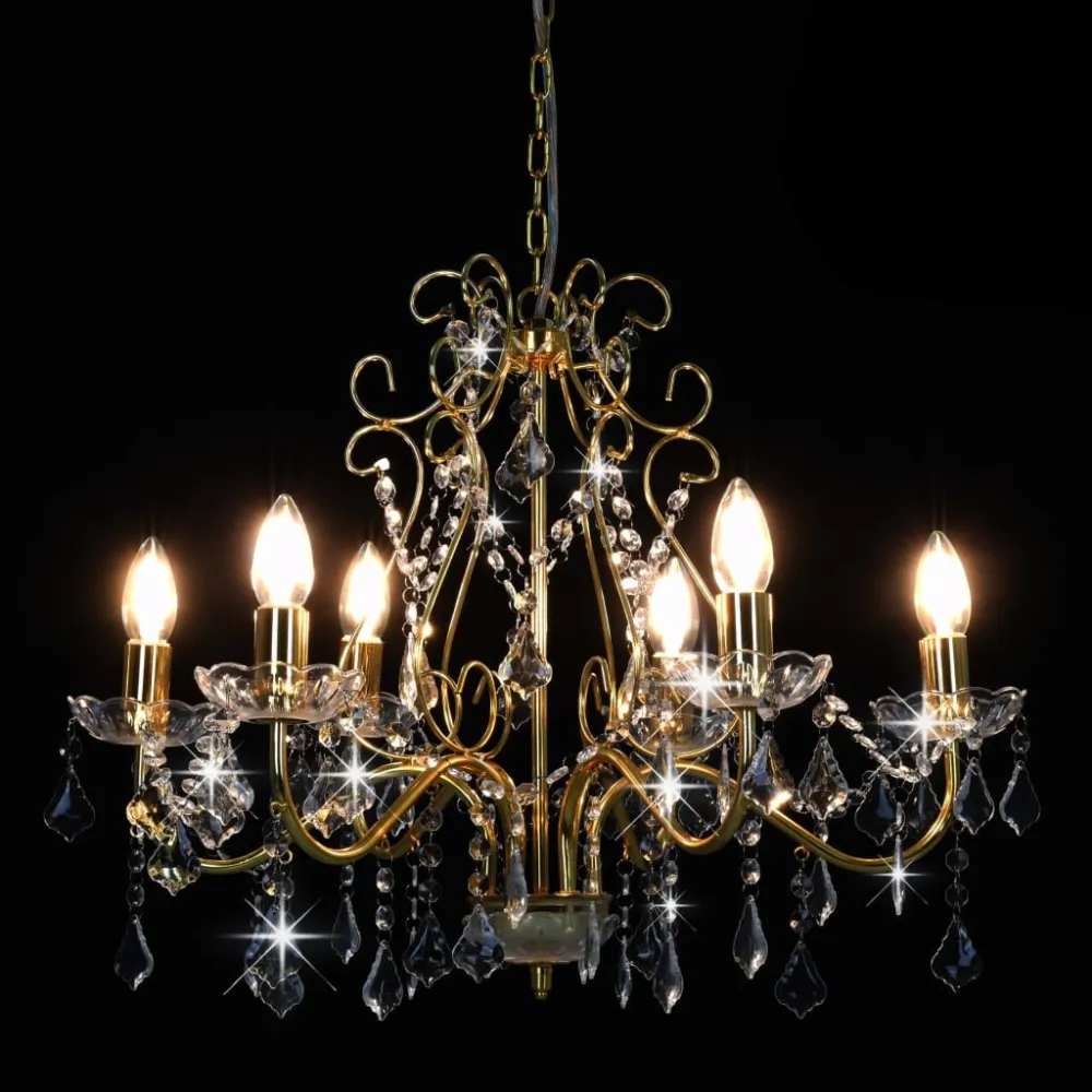 Lustre com contas de cristal 6 x E14 redondo dourado vidaXL
