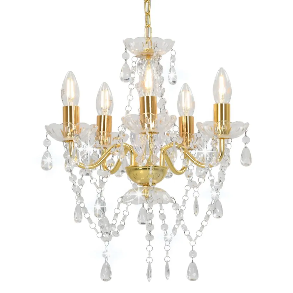 Lustre com contas de cristal redondo 5 x E14 dourado vidaXL