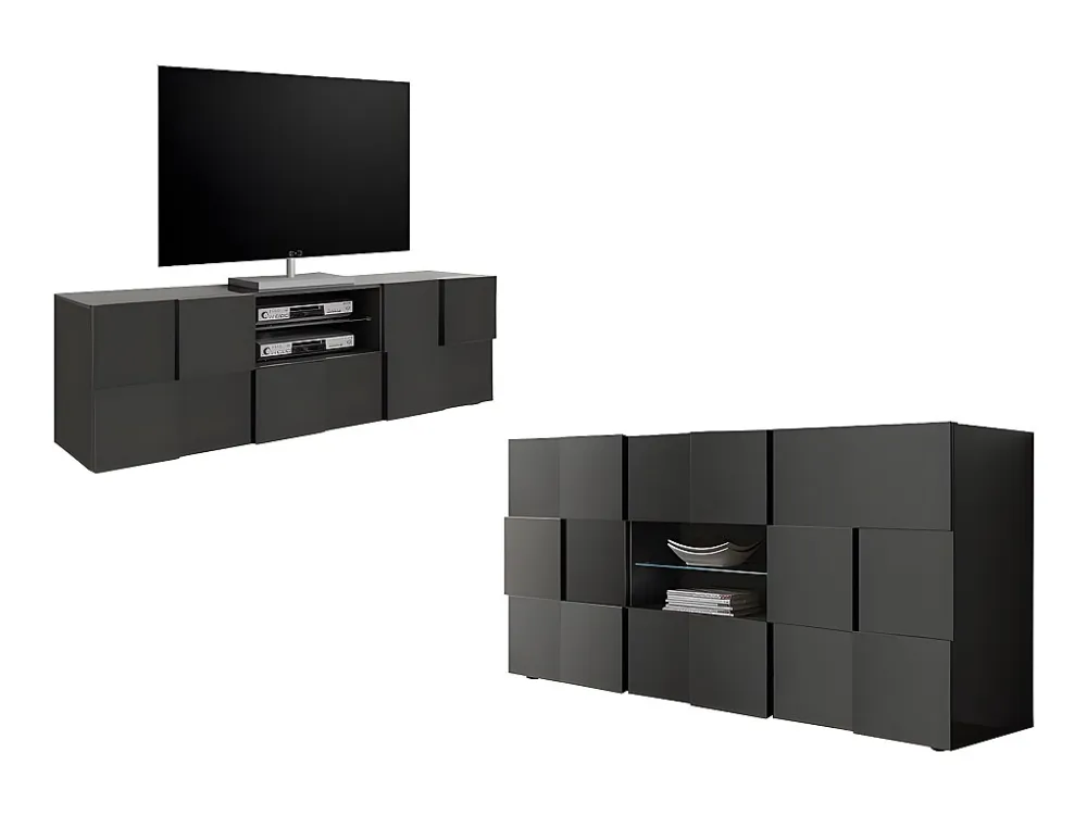 Conjunto móvel de TV + aparador - Sala de estar luminosa CALISTO - Lacado branco (Modelo A19)