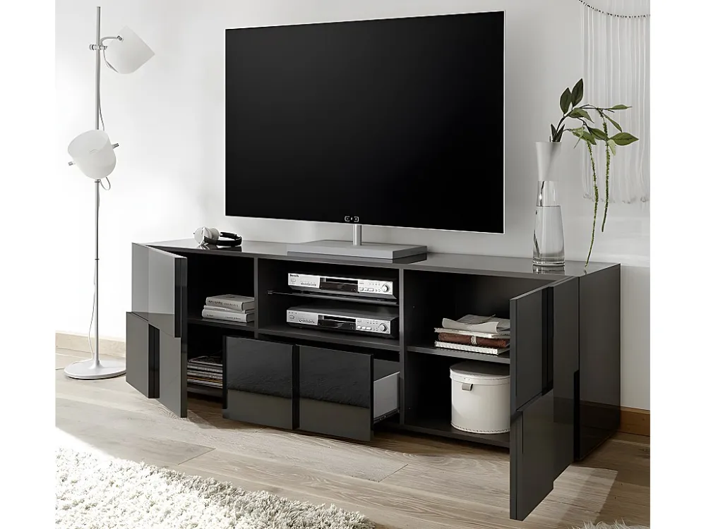 Conjunto móvel de TV + aparador - Sala de estar luminosa CALISTO - Lacado branco (Modelo A19)