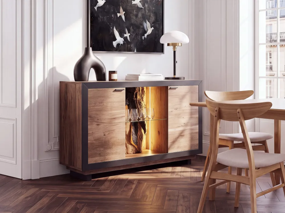 2 Door Sideboard LED Light Wood and Negro MARANA
