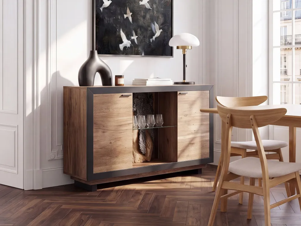 2 Door Sideboard LED Light Wood and Negro MARANA