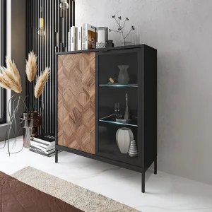Vitrina 2 portas com LEDs preto e carvalho obscuro - MIALINE