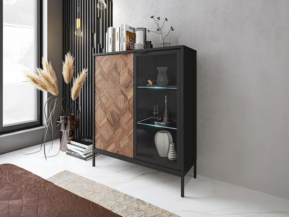Vitrina 2 portas com LEDs preto e carvalho obscuro - MIALINE
