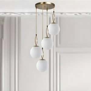 Candeeiro de teto em metálico 4 globos - Candeeiro D. 30 x . 70 cm - Branco e cobre - ASROUN