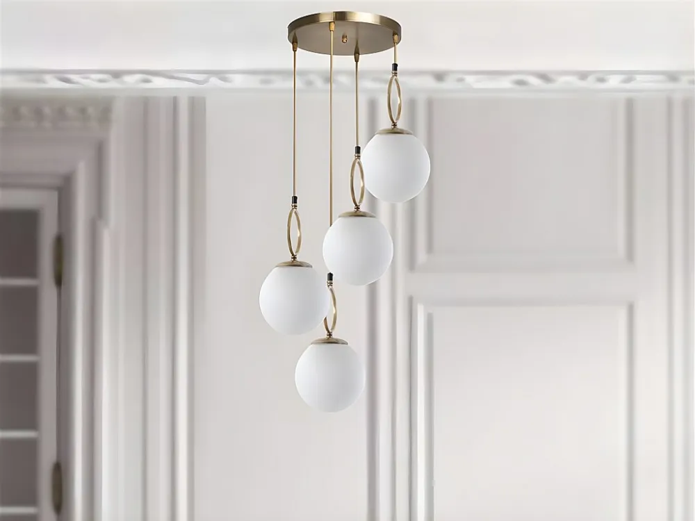 Candeeiro de teto em metálico 4 globos - Candeeiro D. 30 x . 70 cm - Branco e cobre - ASROUN