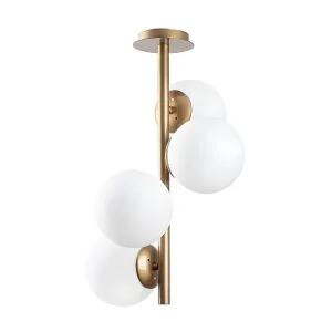 Candeeiro de teto em metálico e vidro 4 globos FAZE - D. 32 cm x . 53 cm - Dourado e branco