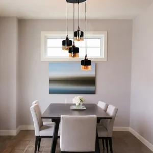 Lustre, candeeiro em metálico 4 abajures D30 x A65 cm preto e vidro ambreado - GARALI