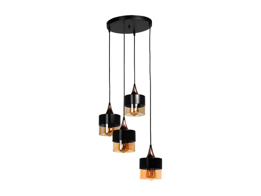 Lustre, candeeiro em metálico 4 abajures D30 x A65 cm preto e vidro ambreado - GARALI