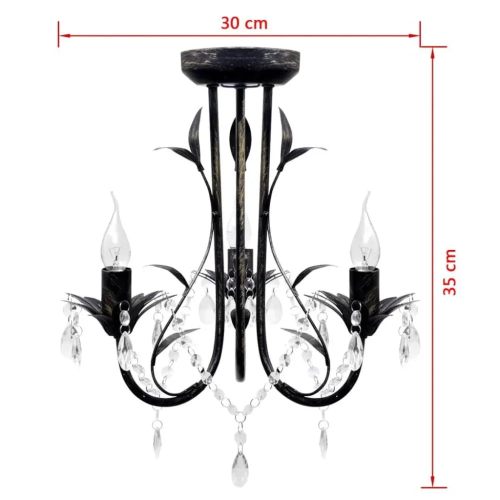 Candelabro metálico com contas de cristal, preto, 3 x E14 lâmpadas