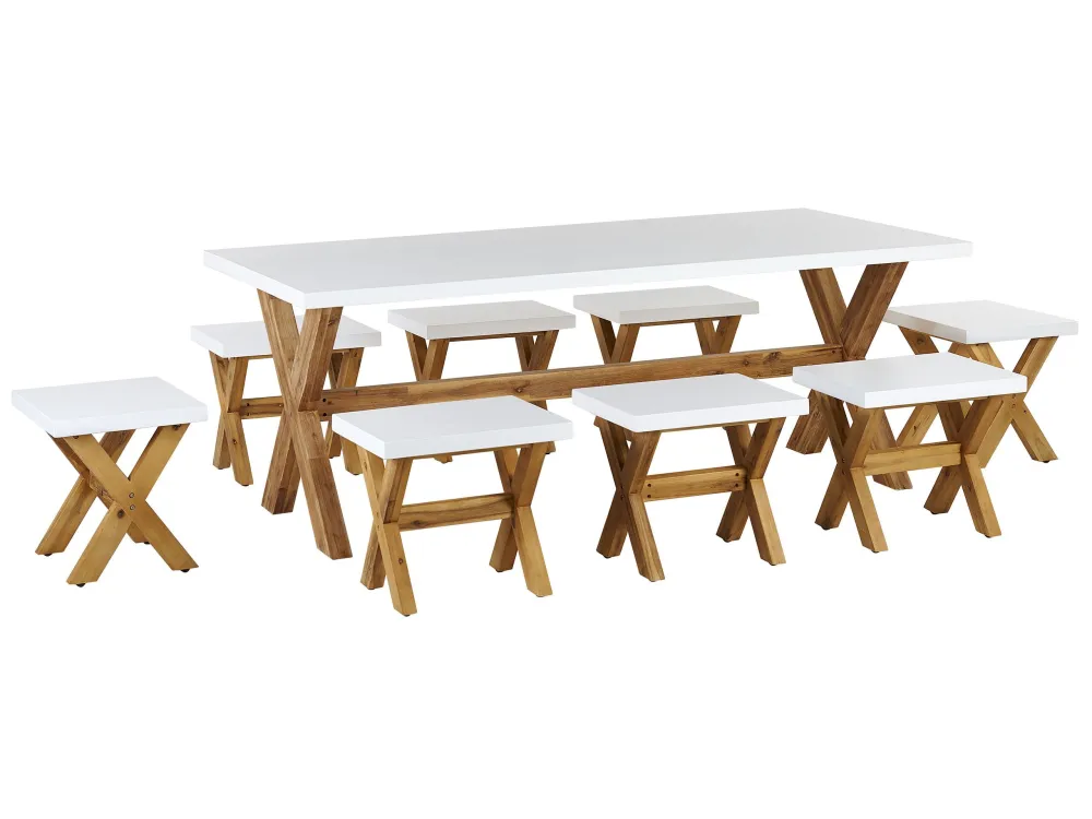 Conjunto de refeições com mesa em fibra de cimento e 8 tamboretes brancos OLBIA