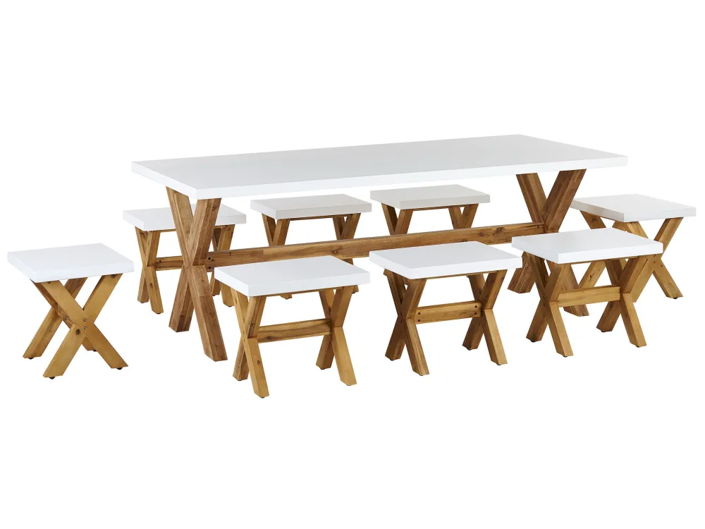 Conjunto de refeições com mesa em fibra de cimento e 8 tamboretes brancos OLBIA