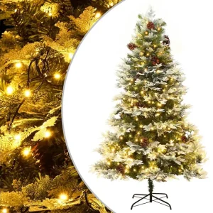Árvore de Natal com luzes LED e pinhas 195 cm PVC e PE verde