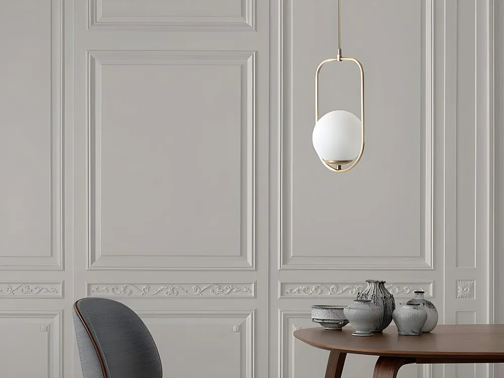 Candeeiro de teto em metálico com globo - Candeeiro D. 18 x . 80 cm - Branco e cobre - KOHANN