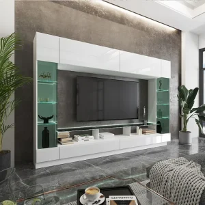 Móvel de parede de TV com arrumação e LEDs vidro temperado fumado lacado branco - BRIANO