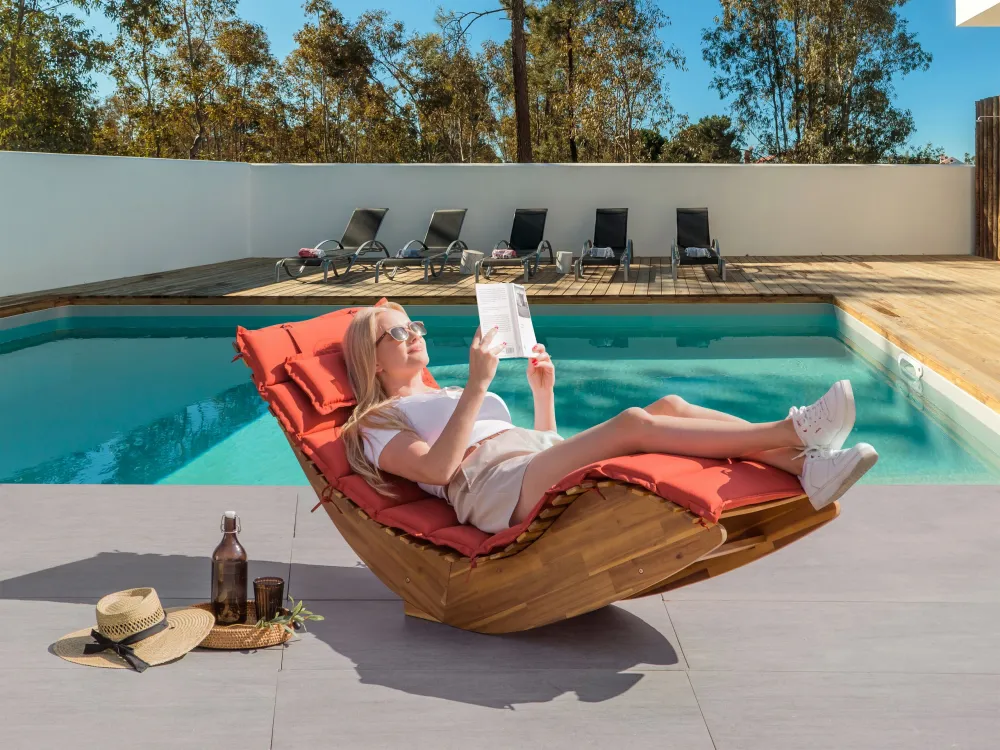 Acacia Wood Garden Sun Lounger Light Cushion Rubro BRESCIA II