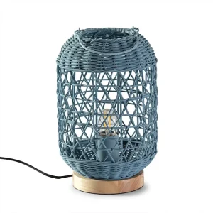 Luminária de mesa Jiro de vime orgânico cor azul, diâmetro 18 cm.