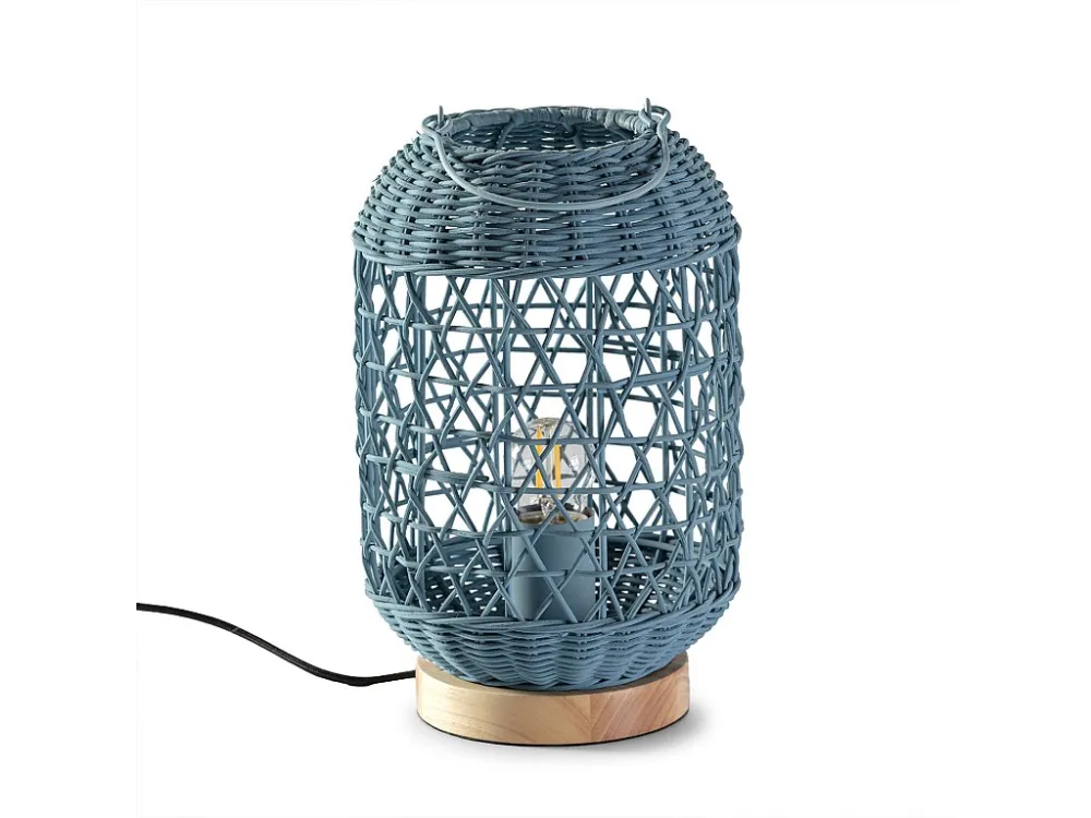 Luminária de mesa Jiro de vime orgânico cor azul, diâmetro 18 cm.