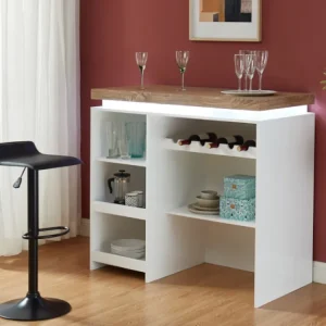 Móvel de bar luminoso - MDF lacado branco - LEDs - Branco e carvalho. HALO II