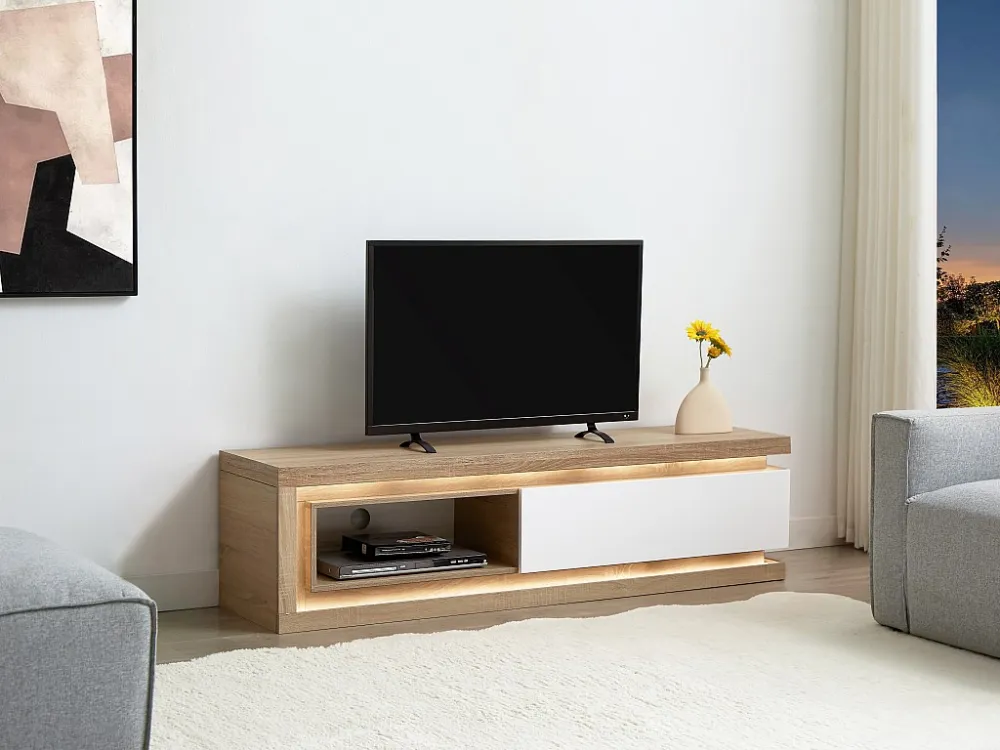 Móvel de TV, 1 gaveta e 1 nicho com LEDs em MDF espontâneo e lacado branco FLARANCIA