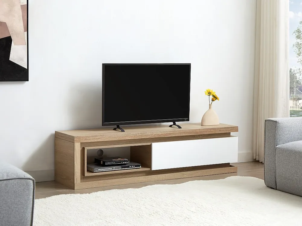 Móvel de TV, 1 gaveta e 1 nicho com LEDs em MDF espontâneo e lacado branco FLARANCIA