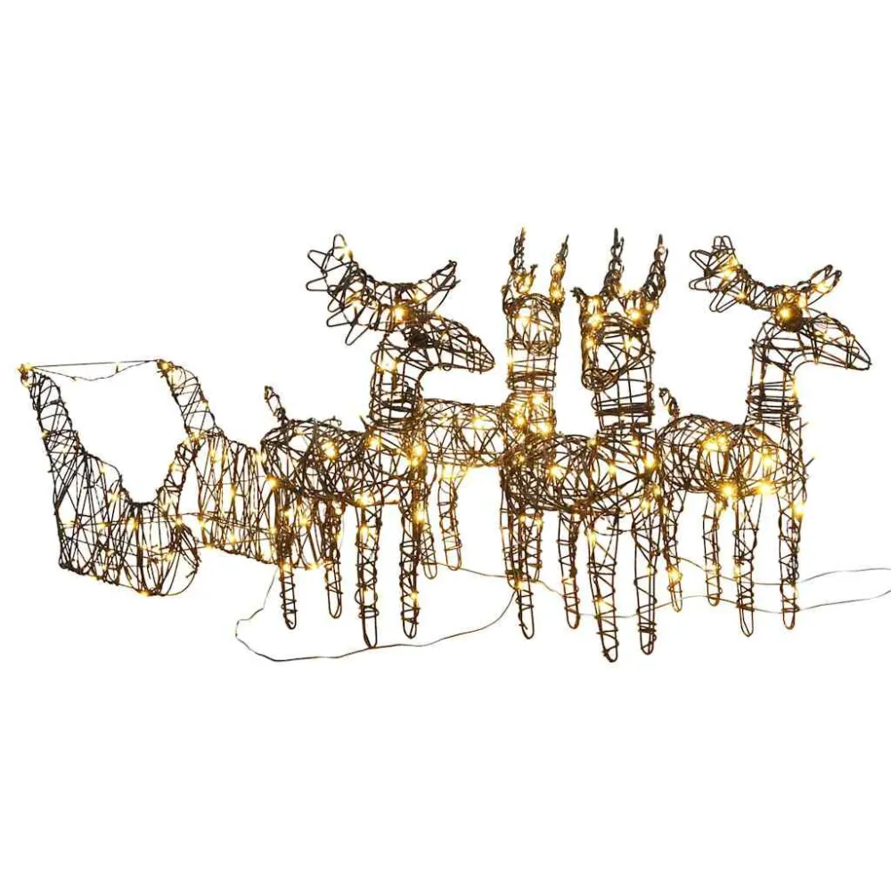 Renas de Natal decorativas com trenó 320 LEDs vime branco abrasador