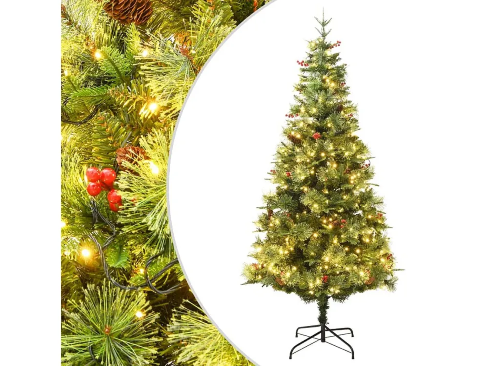 Árvore de Natal com luzes LED e pinhas 225 cm PVC e PE verde