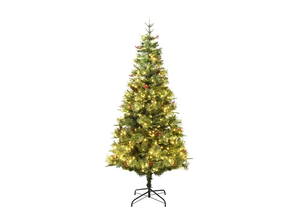 Árvore de Natal com luzes LED e pinhas 225 cm PVC e PE verde