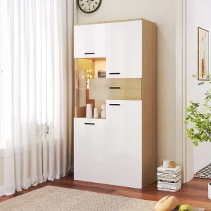 Vitrine com 4 portas e 1 gaveta - LEDs - 150H x 78L x 40D cm - Aglomerado - branco + autêntico