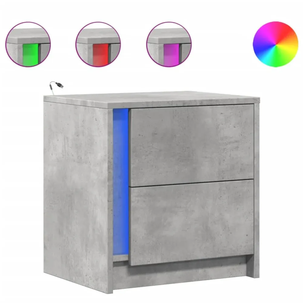 Mesa de cabeceira com luzes LED derivados madeira cinza cimento