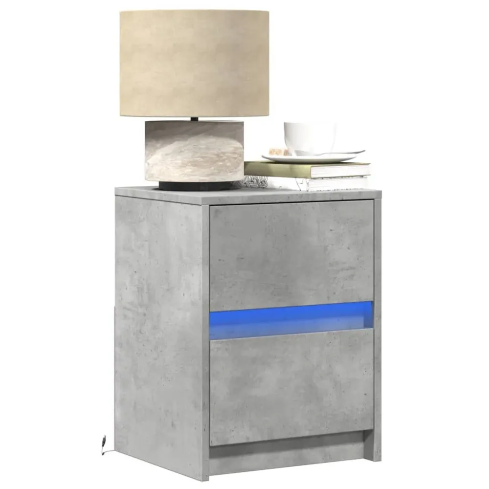 Mesa de cabeceira com luzes LED derivados madeira cinza cimento