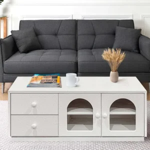 Mesa de centro 60x100cm com portas e gavetas estilo puro chique Volos Branco texturizado