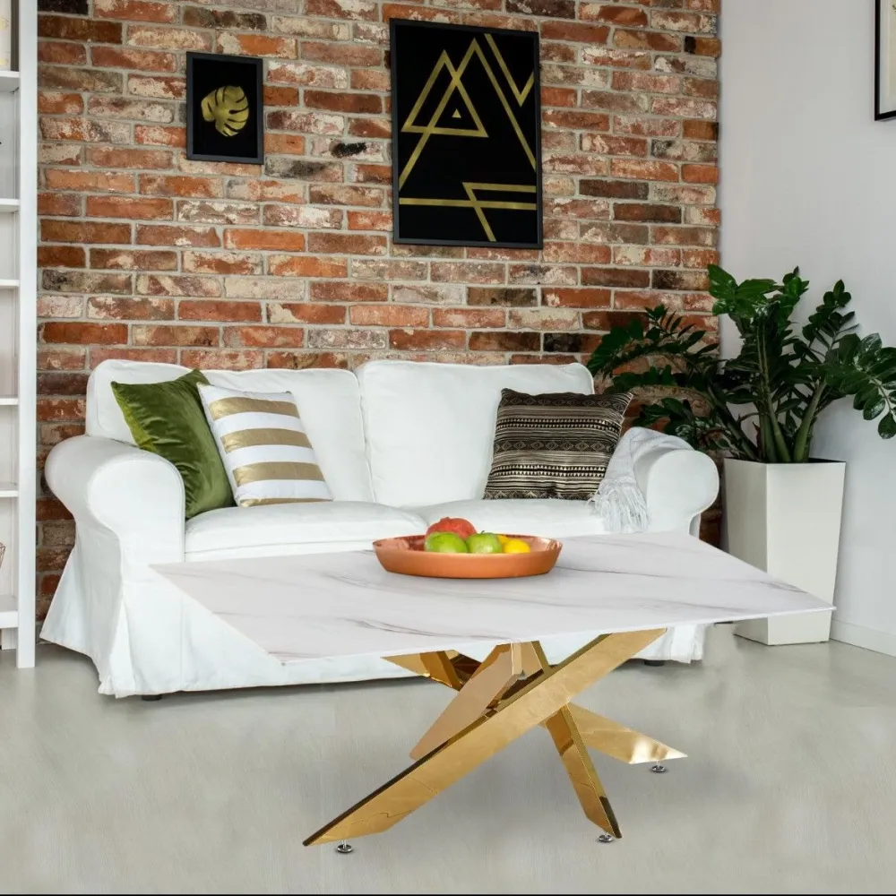 Mesa de centro Naelle em Vidro efeito Mármore branco e pés Dourados.