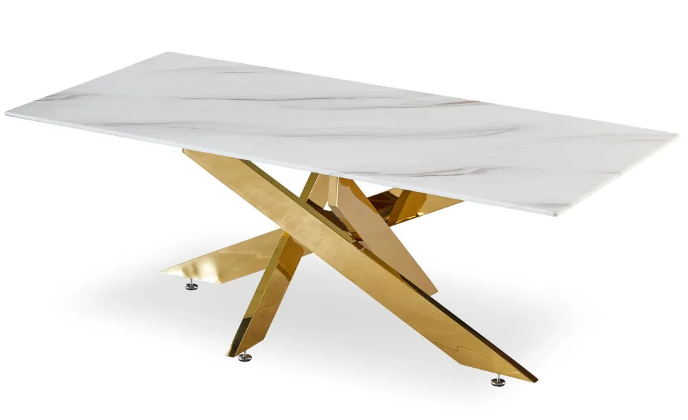 Mesa de centro Naelle em Vidro efeito Mármore branco e pés Dourados.