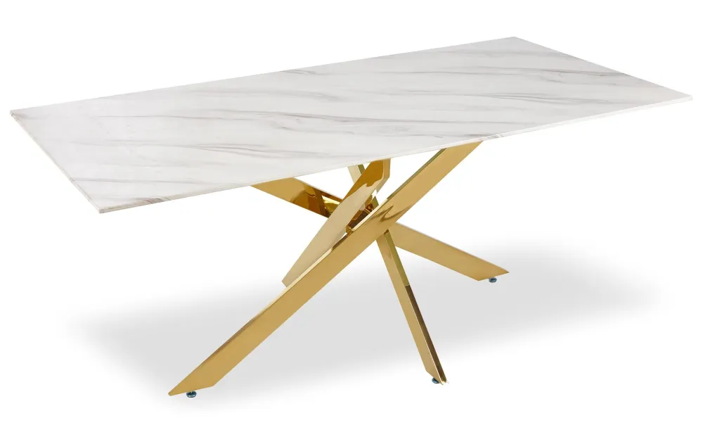 Mesa de centro Naelle em Vidro efeito Mármore branco e pés Dourados.