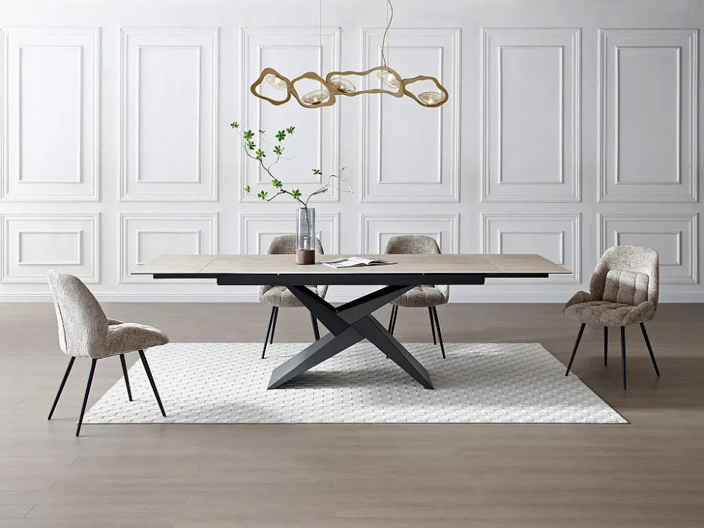 Mesa extensível 6 10 lugares cerâmica, vidro efeito travertino bege - LIONIZA