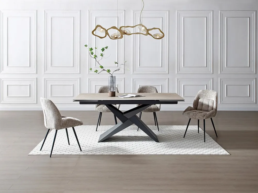 Mesa extensível 6 10 lugares cerâmica, vidro efeito travertino bege - LIONIZA