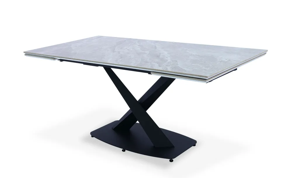 Mesa extensível moderna Valorane Cerâmica com efeito mármore cinza pés Pretos