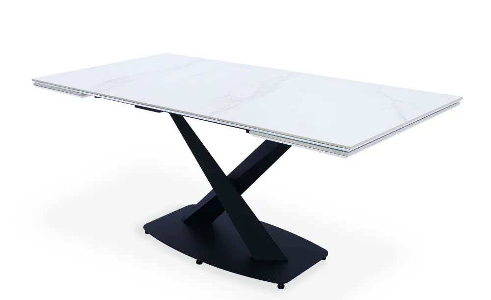 Mesa extensível moderna Valorane Cerâmica efeito mármore branco pés Pretos