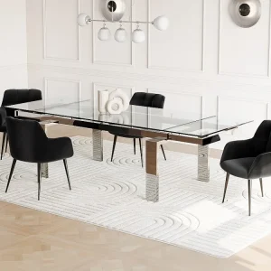 Mesa de jantar extensível LUBANA - Vidro temperado e metálico