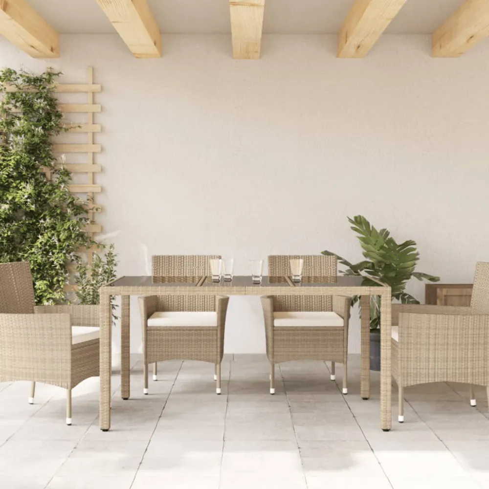 Mesa de jardim 150x90x75 cm vidro temperado e vime PE bege