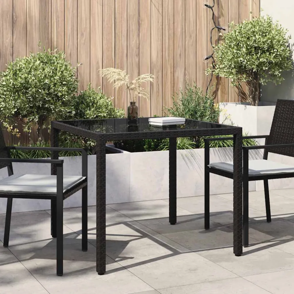 Mesa de jardim 90x90x75 cm vidro temperado e vime PE preto