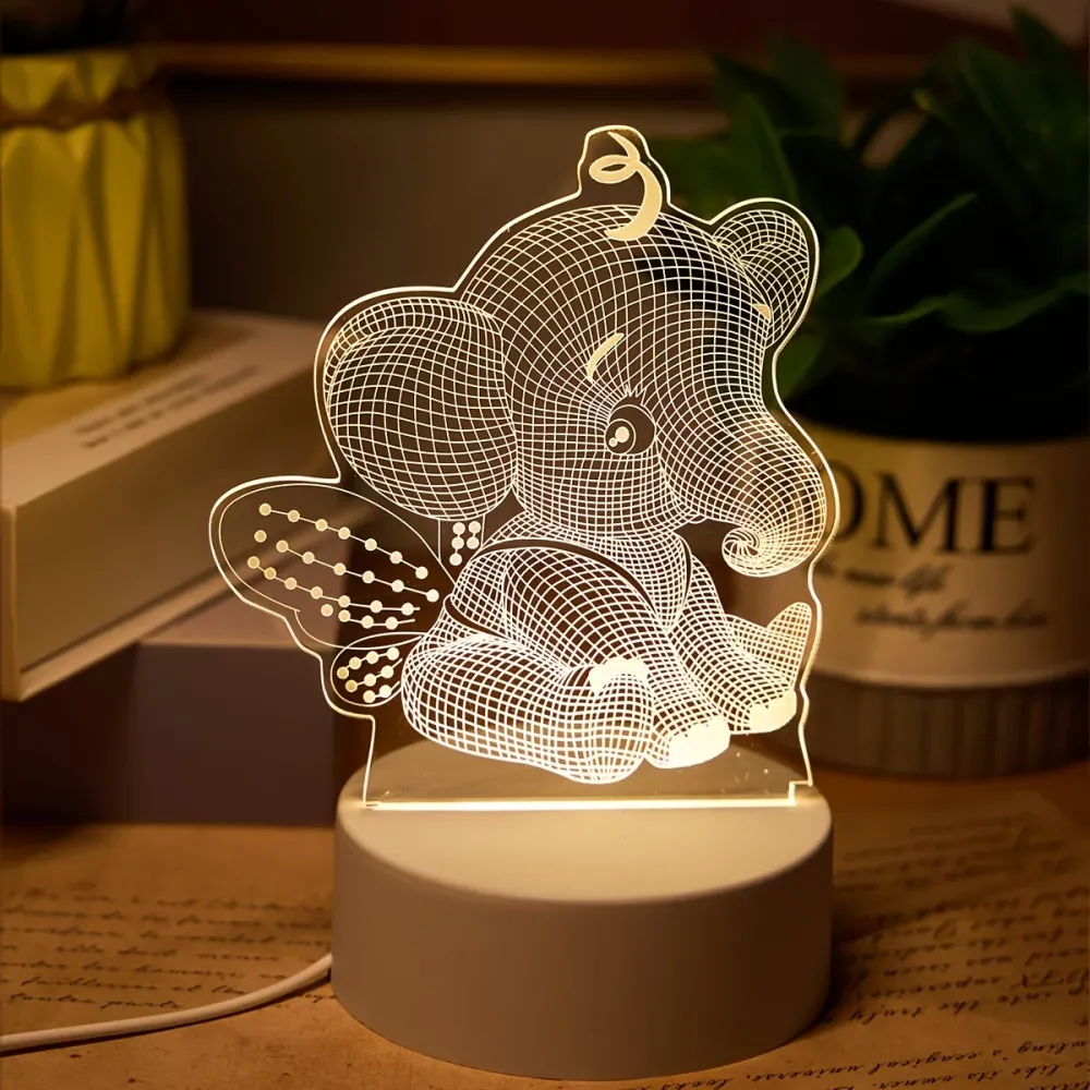 AngelElefante - Candeeiro Noturno LED com Ilusão 3D, Candeeiro de Mesa Alimentado por USB