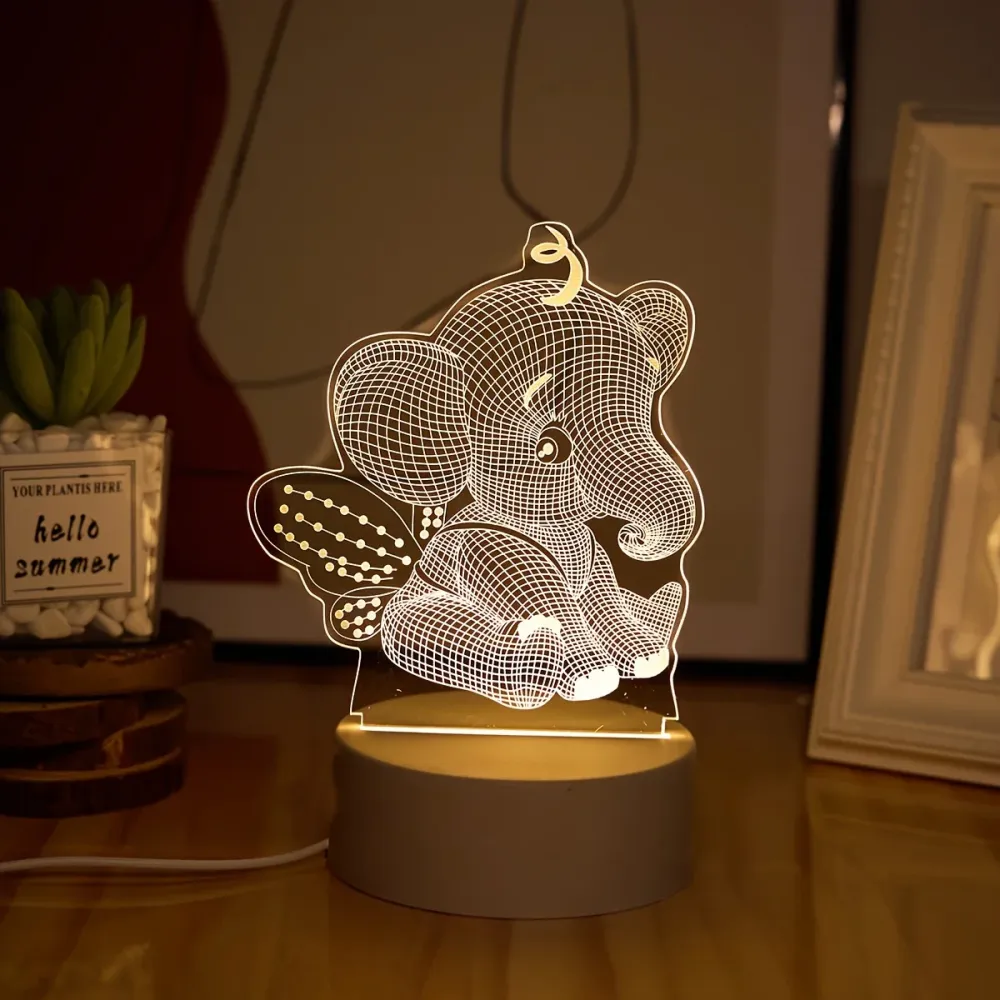 AngelElefante - Candeeiro Noturno LED com Ilusão 3D, Candeeiro de Mesa Alimentado por USB