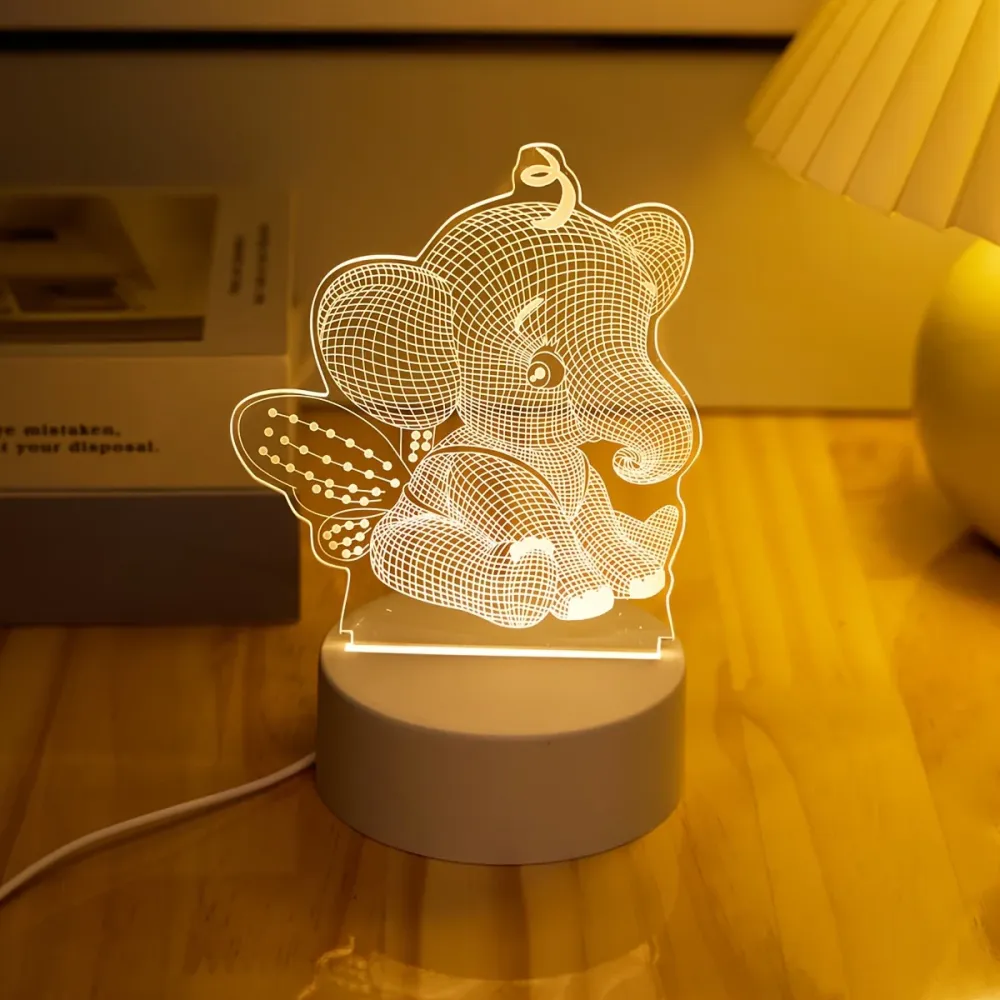 AngelElefante - Candeeiro Noturno LED com Ilusão 3D, Candeeiro de Mesa Alimentado por USB