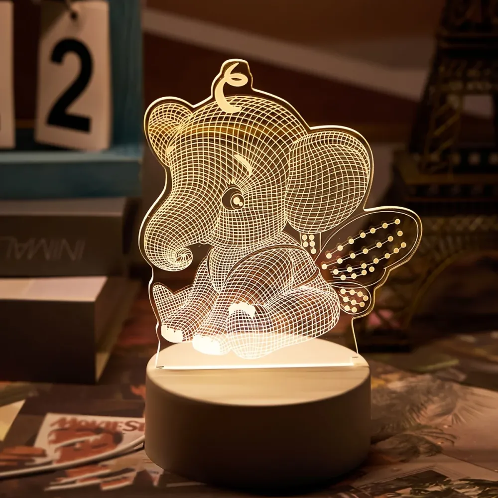 AngelElefante - Candeeiro Noturno LED com Ilusão 3D, Candeeiro de Mesa Alimentado por USB