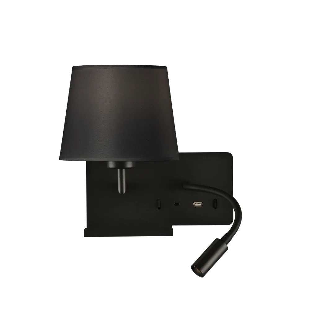 Aplique de Parede com luz orientável e carregamento USB, preto, esquerda