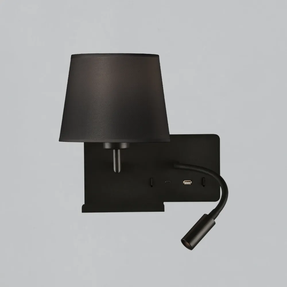 Aplique de Parede com luz orientável e carregamento USB, preto, esquerda